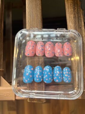 Hand painted Pink and Blue Polka Dot Press-On Nail Set